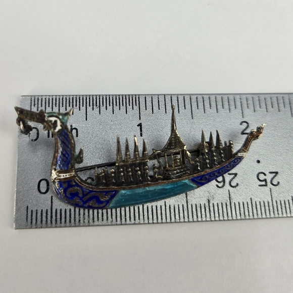 Siam Sterling Silver Brooch Shaped Like Dragon Boat Gold Plating Enamal Details - Picture 7 of 10